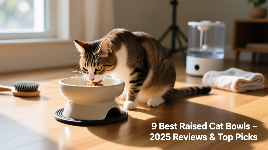 Cat comfortably eating from an elevated ceramic bowl on a hardwood floor, with visible non-slip base and ergonomic tilt angle