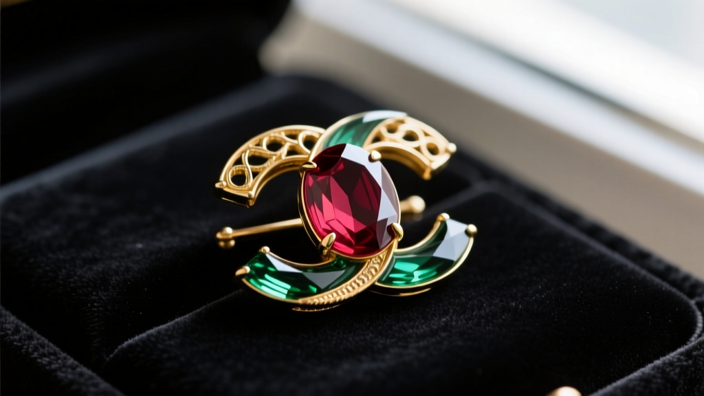 Macro shot of a vintage Chanel Gripoix glass brooch with ruby and emerald tones set in aged gold metal, resting on dark velvet.
