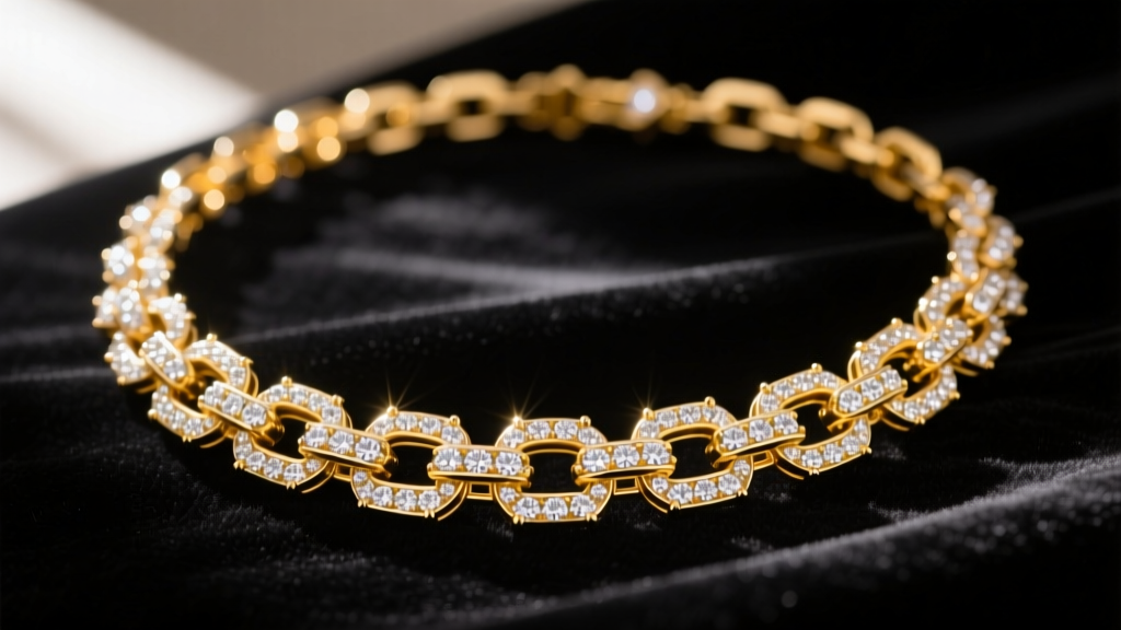 Close-up of a diamond-set collier necklace on black velvet, showcasing the detailed 18k yellow gold articulated link structure