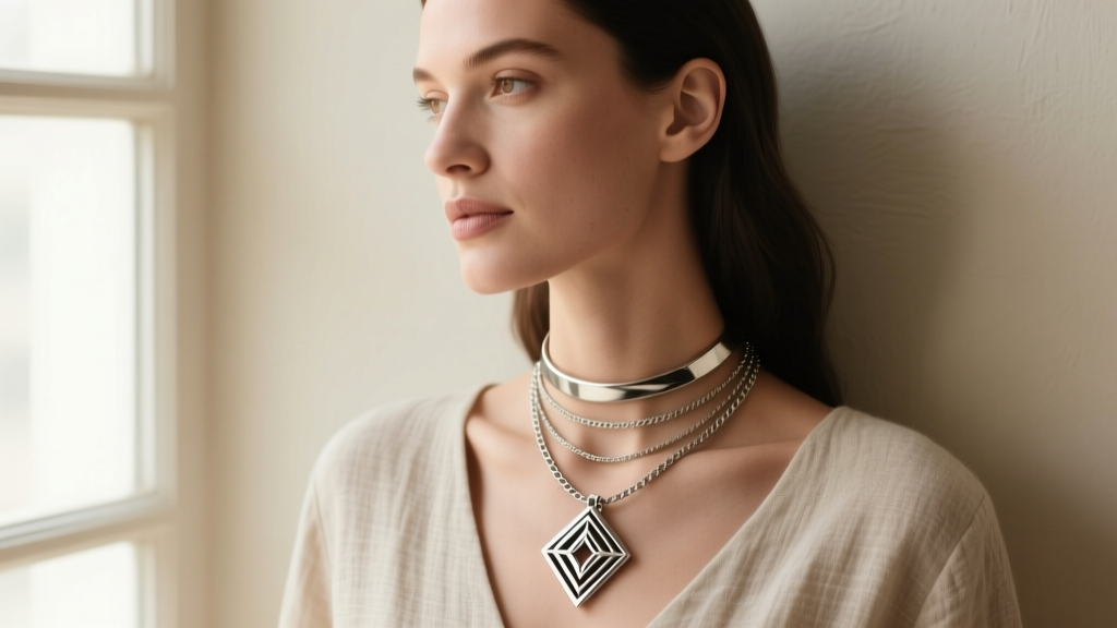 Woman wearing a layered Jenny Bird necklace stack with a bold sculptural pendant and a thin choker, in soft natural window light.