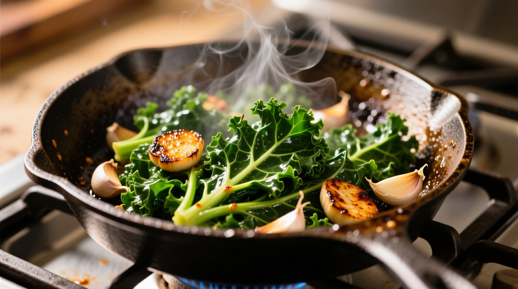 Perfectly cooked sautéed kale in a skillet with garlic