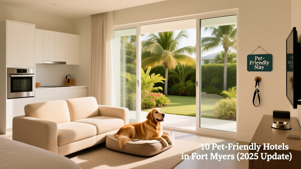 Modern, bright hotel suite with sofa, kitchenette, and pet bed placed near window