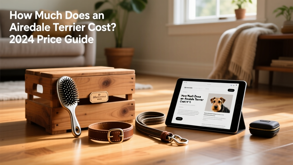 A tidy collection of Airedale Terrier essentials: crate, brush, collar, leash, and grooming kit arranged on a hardwood floor