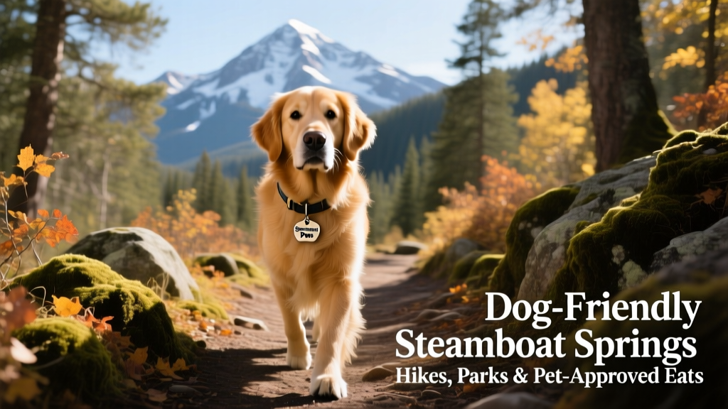 A golden retriever hiking along a forested trail with Steamboat’s mountain backdrop visible in the distance