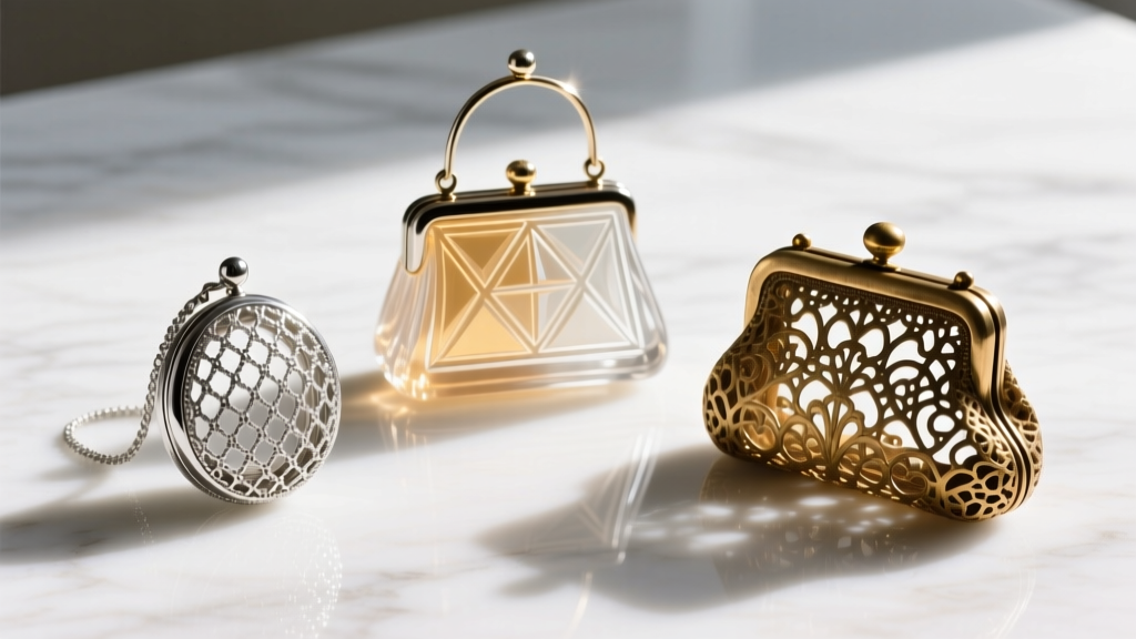 Three vintage purse pendants on white marble: a silver mesh locket, a carved lucite handbag, and a delicate brass filigree pouch