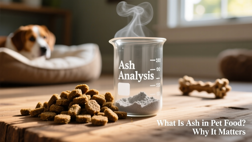 Close-up of dry kibble next to a laboratory beaker labeled 'ash analysis'