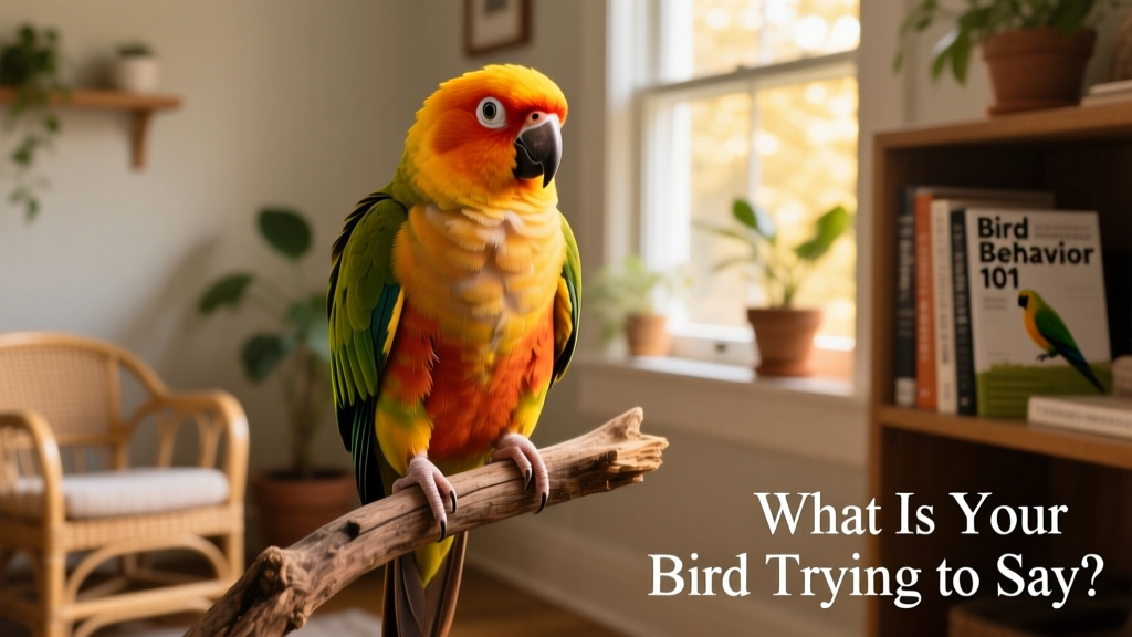 Sun conure fluffing its chest feathers while perched calmly, eyes bright and posture upright