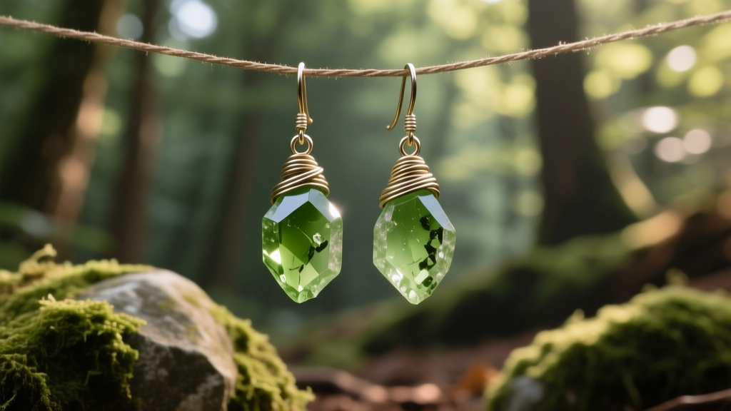 Uncut olivine wire-wrapped dangle earrings against a soft forest background highlighting earthy green textures and inclusions