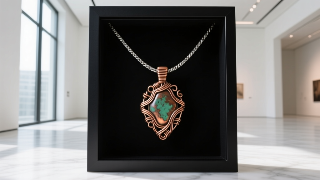 Wire-wrapped copper pendant suspended by braided steel cable inside a black shadowbox frame in a brightly lit modern gallery room.