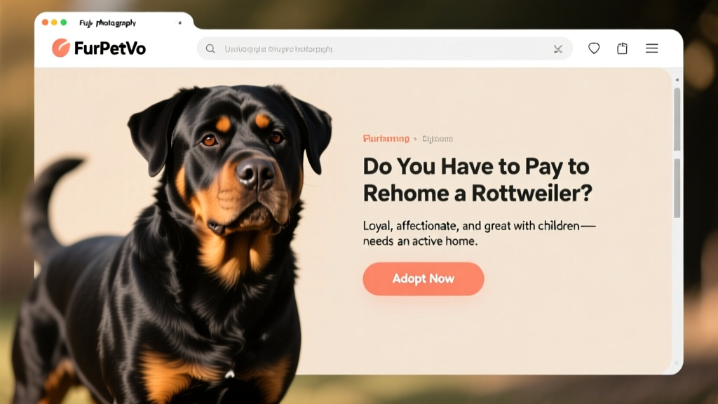 Screenshot-style image showing a FurPetVo Rehome listing page with a Rottweiler photo, bio, and 'Adopt Now' button