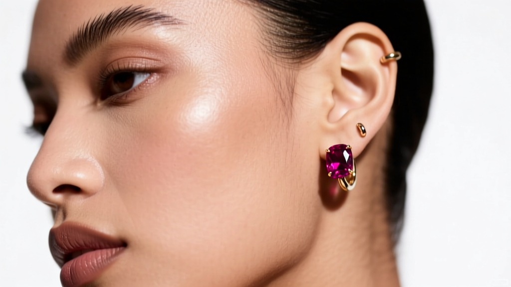 Profile of a model wearing 16-gauge raspberry rubellite huggies in a helix cartilage piercing under warm studio lighting