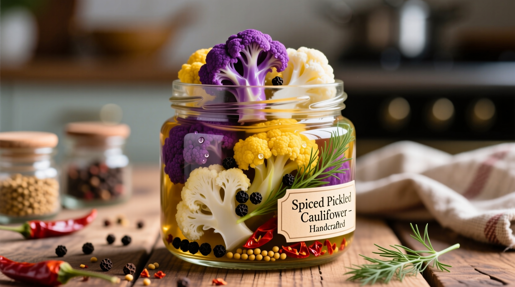 Vibrant pickled cauliflower in glass jar with spices