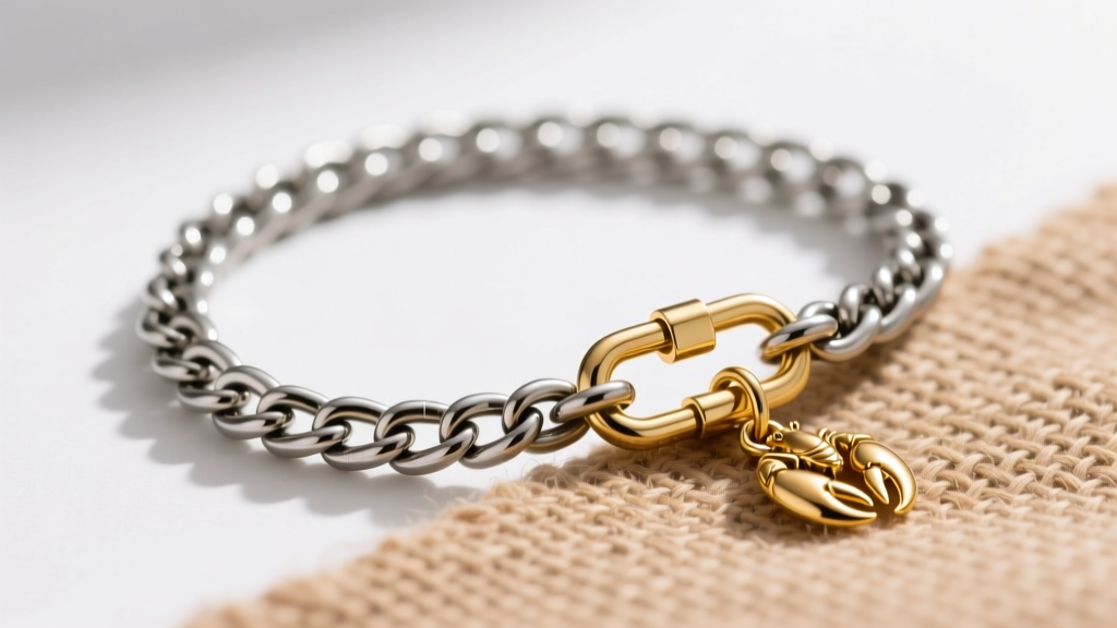 Side profile of a 1.2mm steel rolo chain attached to a secure lobster clasp, with a gold PVD coated pendant resting on a woven linen cloth.