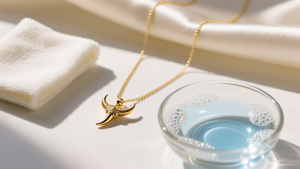 Flat lay of jewelry cleaning supplies, microfiber cloth, bowl of soapy water, and a delicate gold chain with a small horn pendant