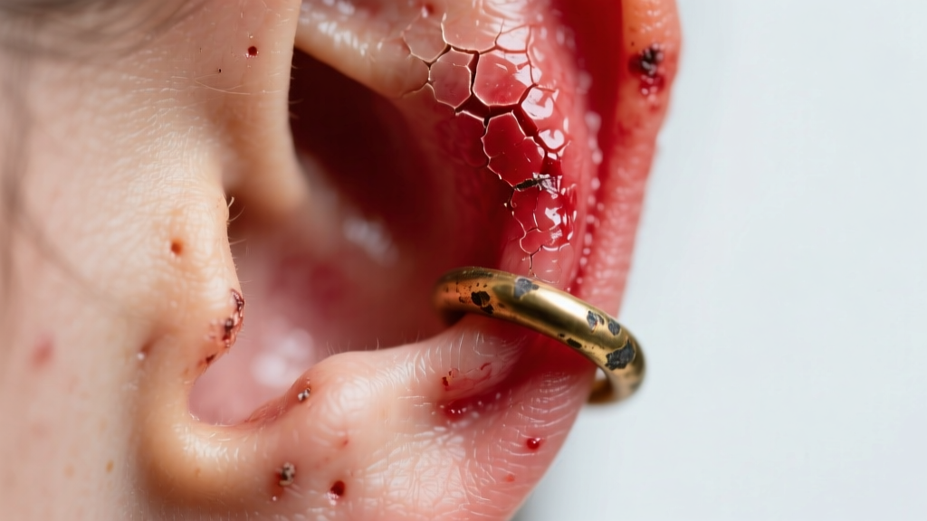 Macro photo of a red, inflamed earlobe wearing a cheap brass hoop, showing skin irritation under bright, soft clinical lighting.