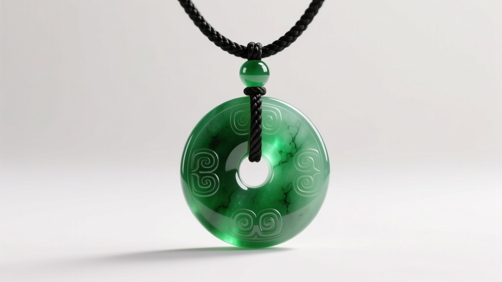 Translucent 25mm Type A imperial green jadeite bi disk pendant on a black waxed cotton cord, captured under soft studio lighting.