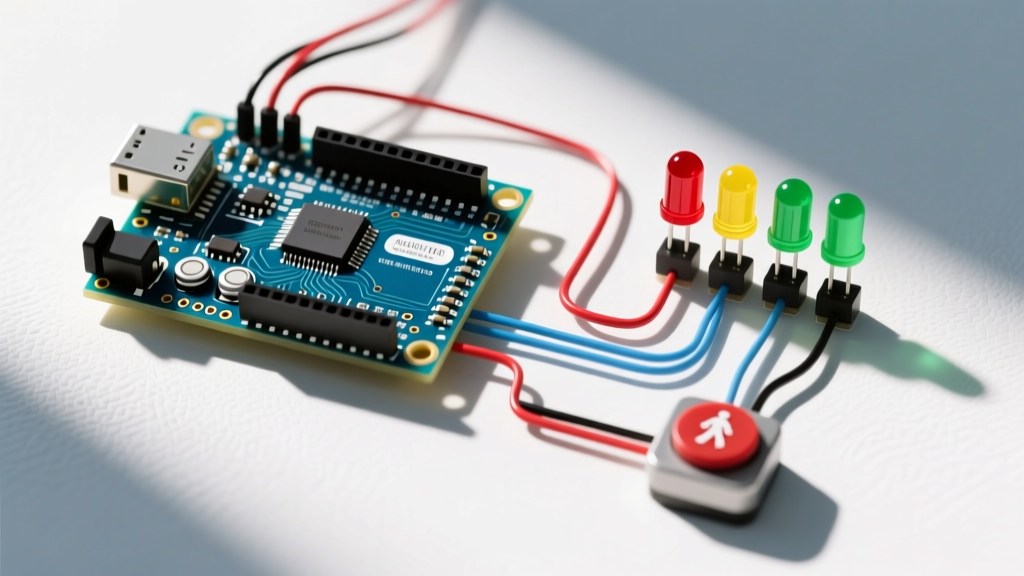 Circuit diagram illustrating an Arduino Uno microcontroller connected to red, yellow, and green LEDs alongside a pedestrian pushbutton input