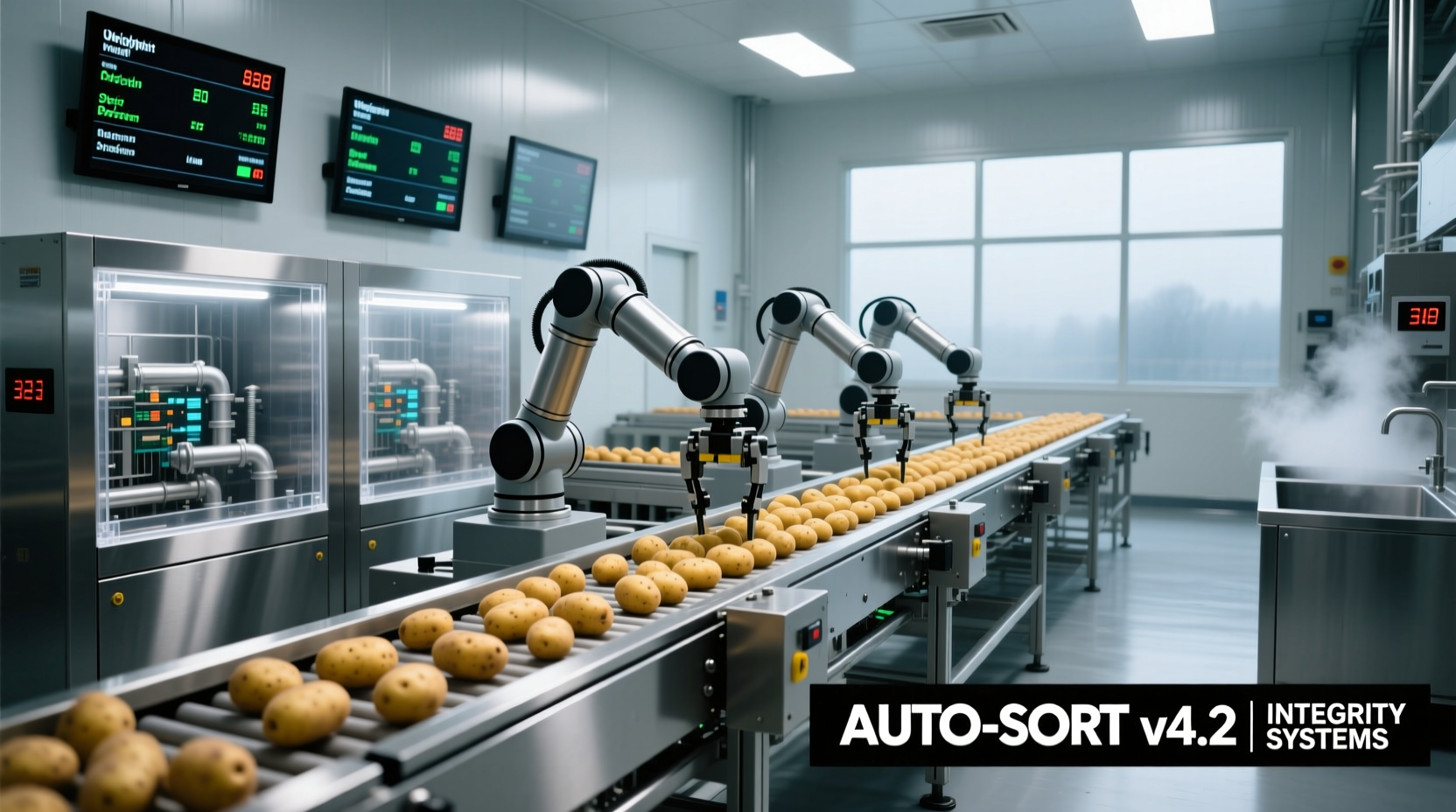Modern potato processing facility interior with automated sorting
