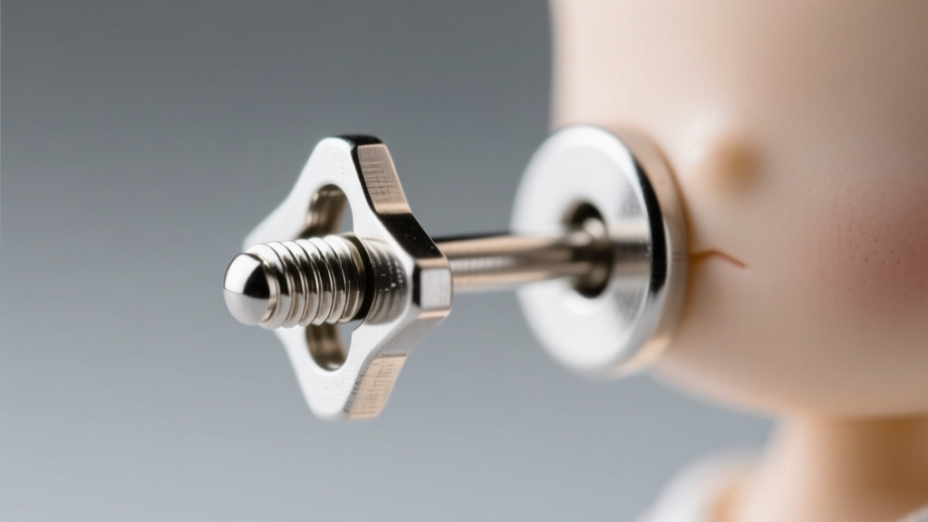 Macro shot of a micro-rivet articulation joint on a silver talisman doll earring, highlighting the thick 18-gauge post