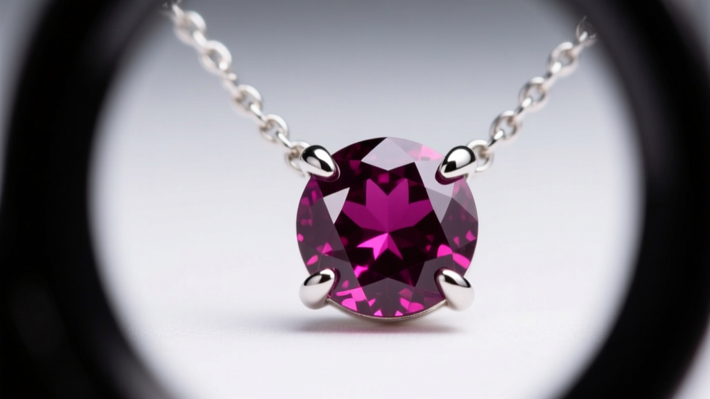Loupe view of a rhodolite garnet solitaire necklace in a secure four-prong platinum setting, showing deep purplish-red hues