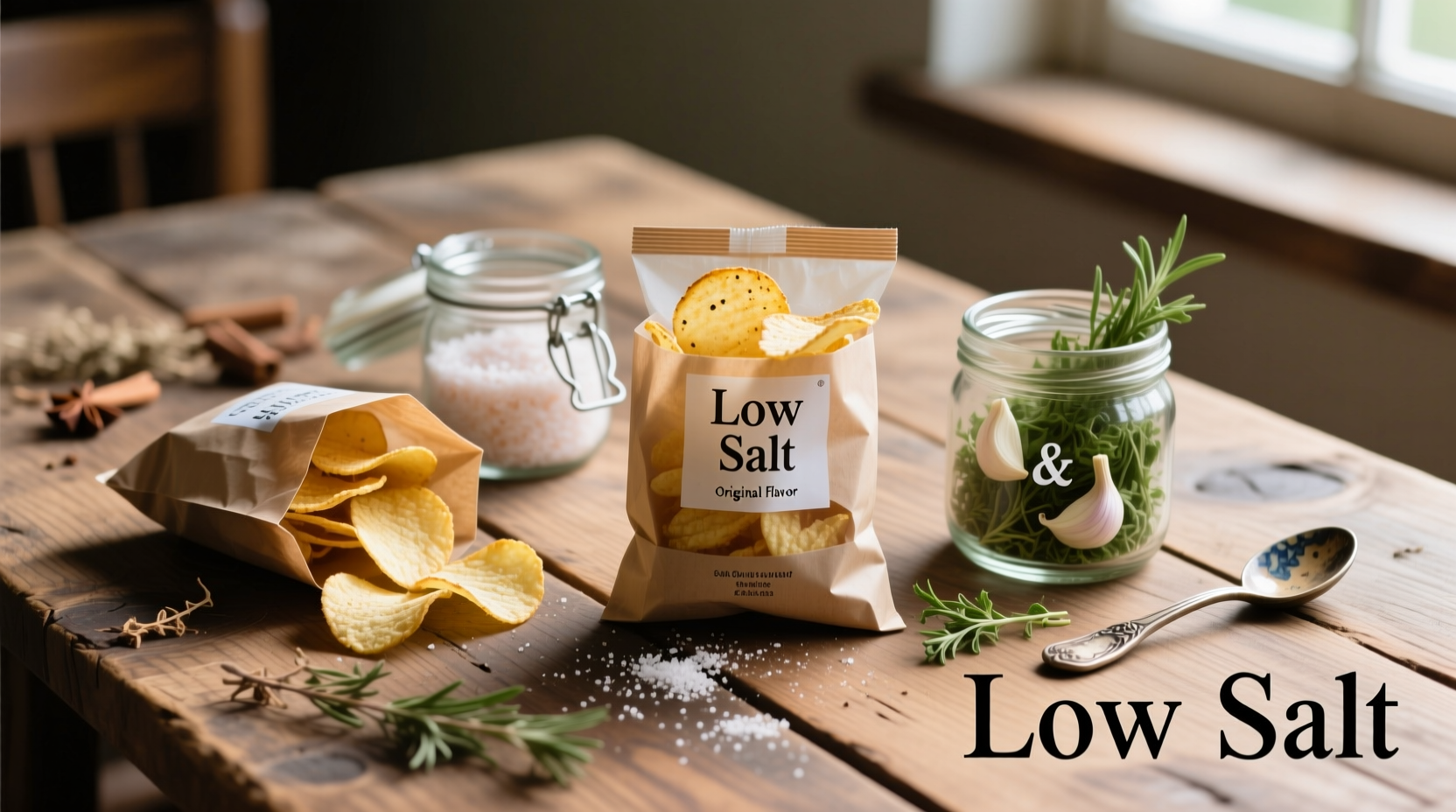 Low salt potato chips comparison on wooden table