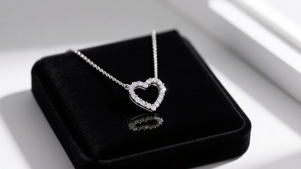 Small heart necklace featuring micro-pave lab-grown diamonds set in white gold, photographed on a dark velvet jewelry display pad.