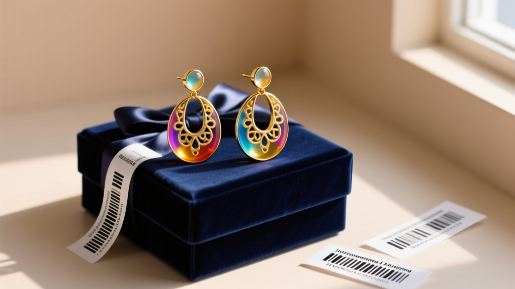 Vibrant resin and gold-plated brass statement earrings resting on a velvet gift box next to international shipping labels.