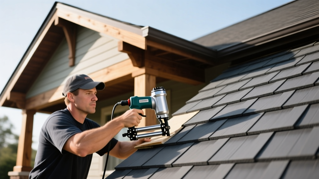 Installer applying dark gray James Hardie fiber cement staggered shingles to a craftsman home exterior using a pneumatic nailer