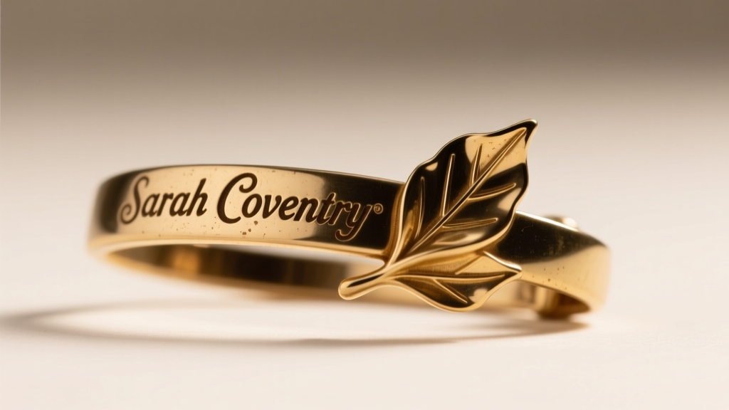 Close-up of a vintage jewelry clasp stamped with the Sarah Coventry hallmark and a folded leaf motif in faded gold plate