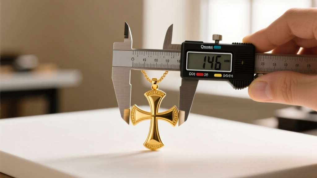 Jeweler using digital calipers to measure a solid 14k yellow gold Maltese cross pendant to verify its exact thickness and weight.