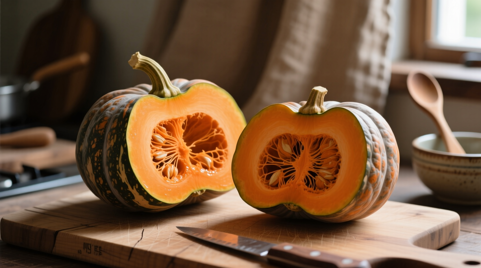 Fresh kabocha squash halves showing vibrant orange flesh