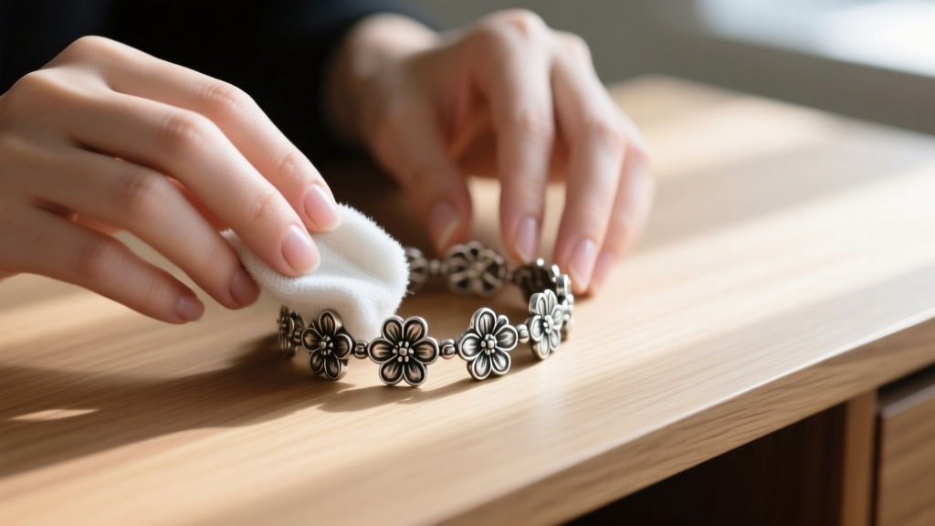 Hands using a microfiber cloth to gently buff the raised edges of an antiqued sterling silver floral charm bracelet on a wooden desk.