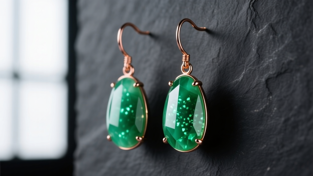 Close-up of opaque apple green chrysoprase drop earrings with matte rose gold hooks, photographed against a dark slate background