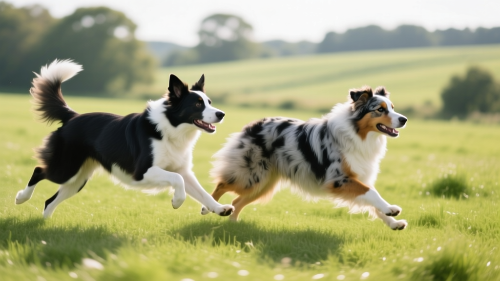 A Border Collie and an Australian Shepherd running side-by-side in a grassy field to compare their herding gaits and coat patterns