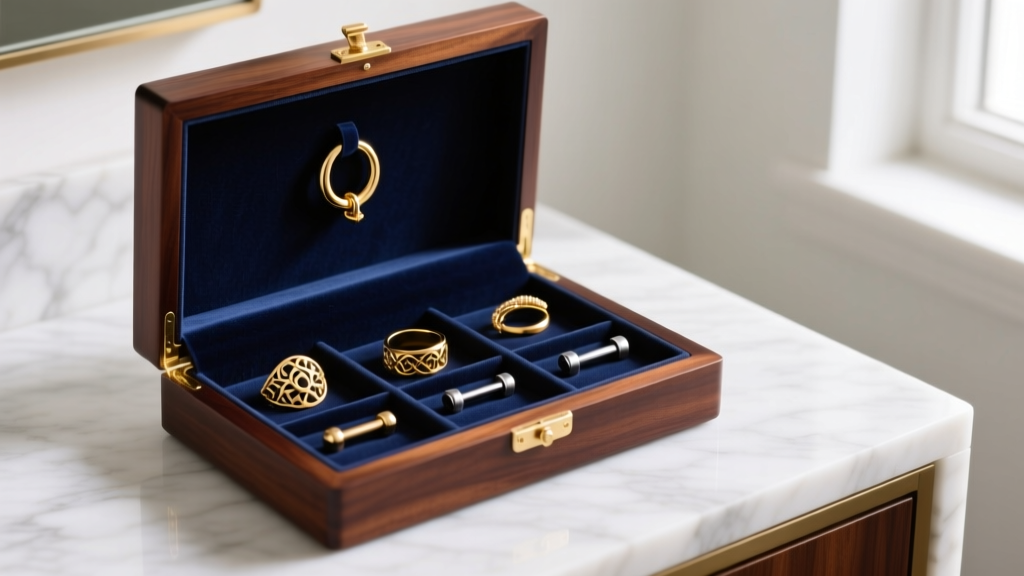 Open mahogany body jewelry display box on a marble vanity, showing velvet slots holding gold septum rings and titanium barbells.
