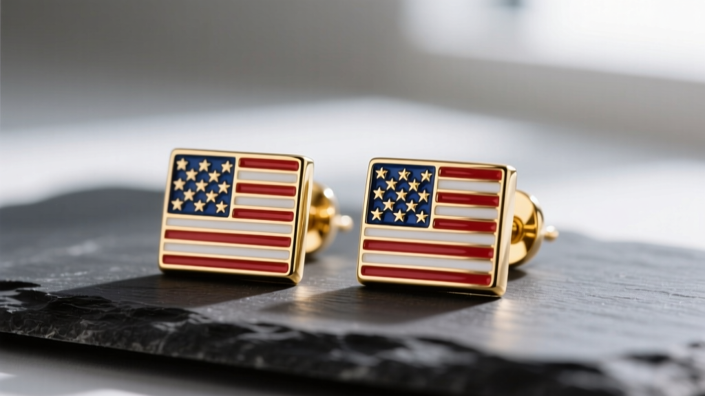 Close-up of 14k gold American flag stud earrings with hard enamel stripes and sapphire blue canton on a dark slate surface