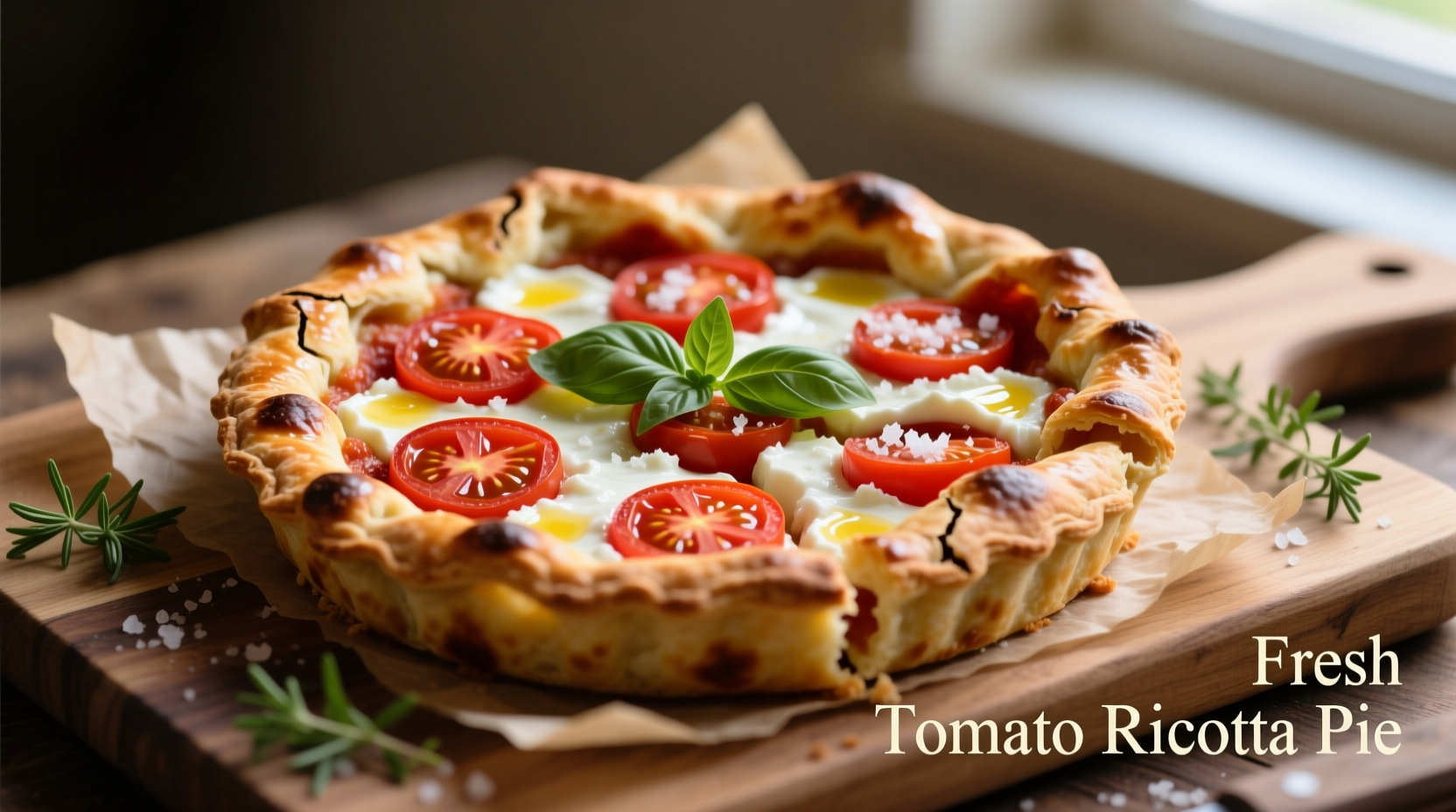 Fresh tomato ricotta pie with golden crust