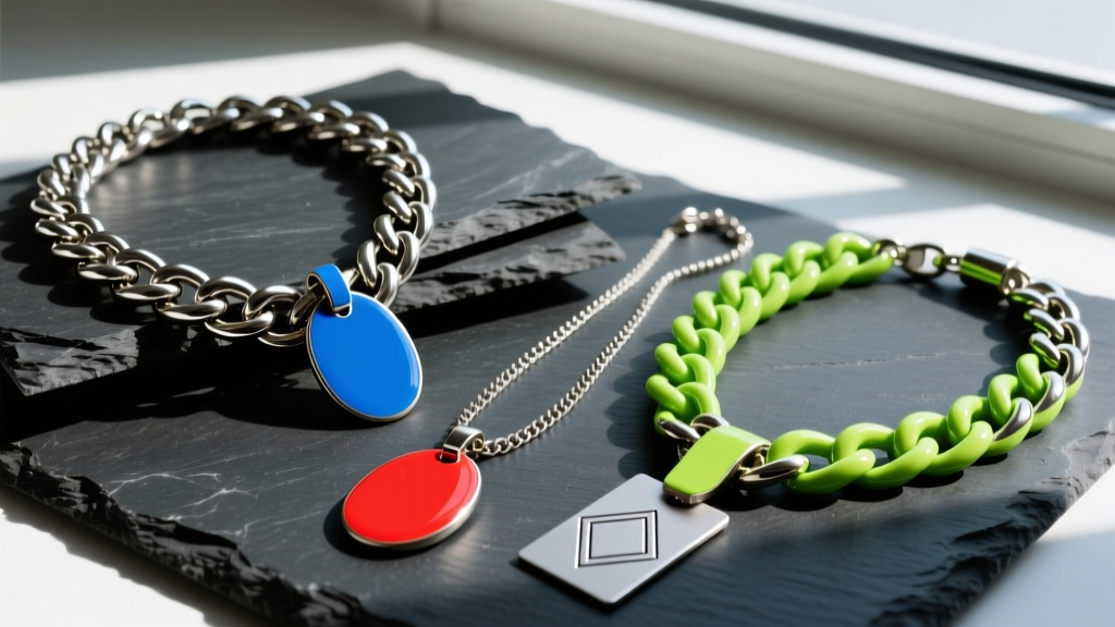 Flat lay of streetwear necklaces with thick Cuban links, vibrant enamel pendants, and matte titanium tags on dark slate