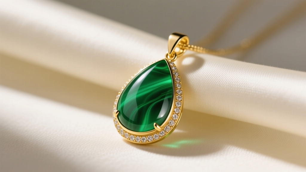Close-up of a polished teardrop green onyx pendant in 14k yellow gold resting on cream silk fabric with soft directional lighting.