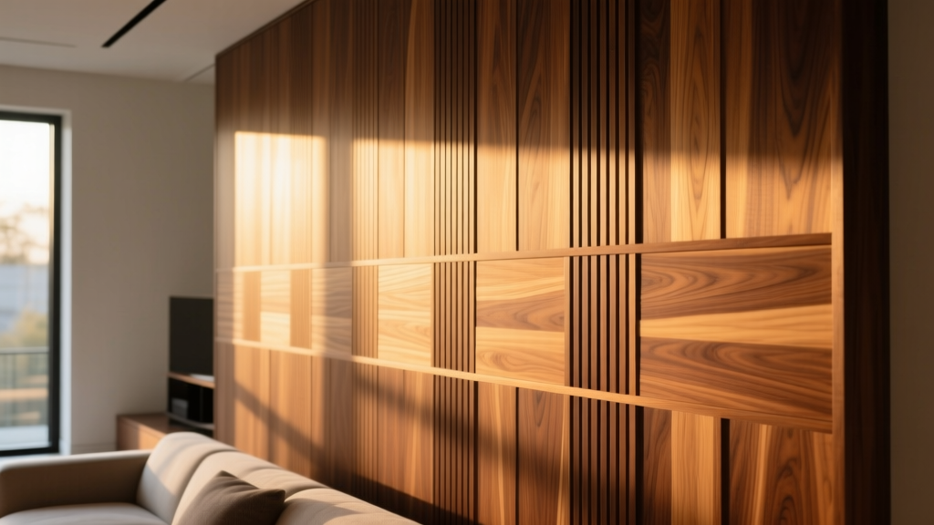 Close-up of rich walnut tongue and groove wood panelling installed on a modern living room accent wall with warm directional lighting