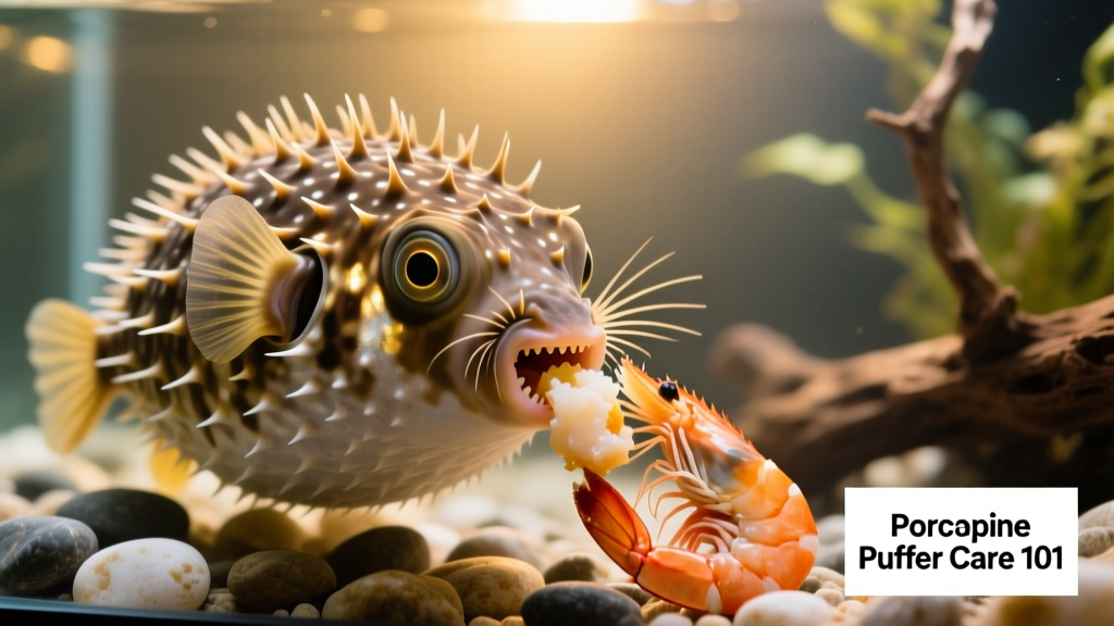 Close-up of a porcupine puffer nibbling on a piece of seafood in a home aquarium, highlighting its natural feeding behavior