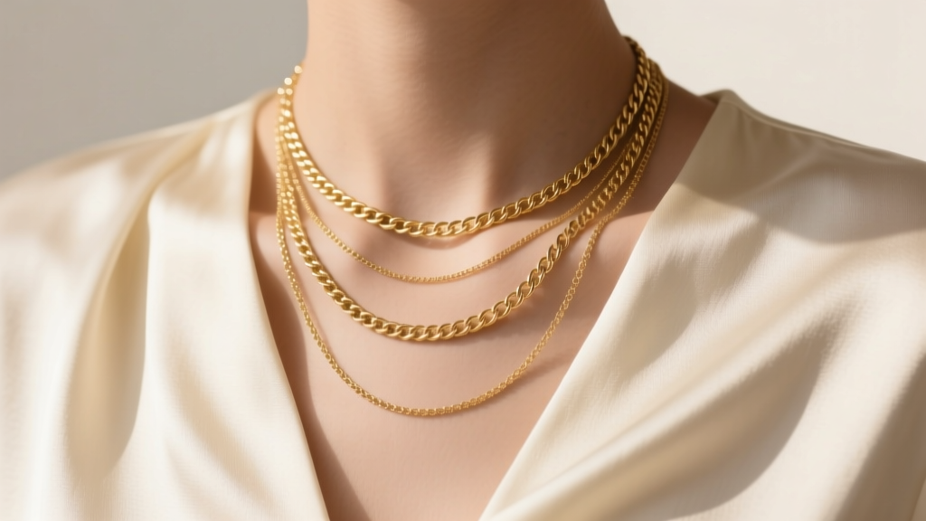 Close-up of a neck wearing three layered gold chains of varying thicknesses and lengths, resting elegantly on a cream silk blouse.