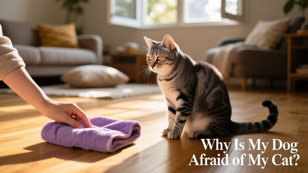 A hand placing a scented towel near a cat’s favorite sleeping spot while the cat watches calmly from a distance