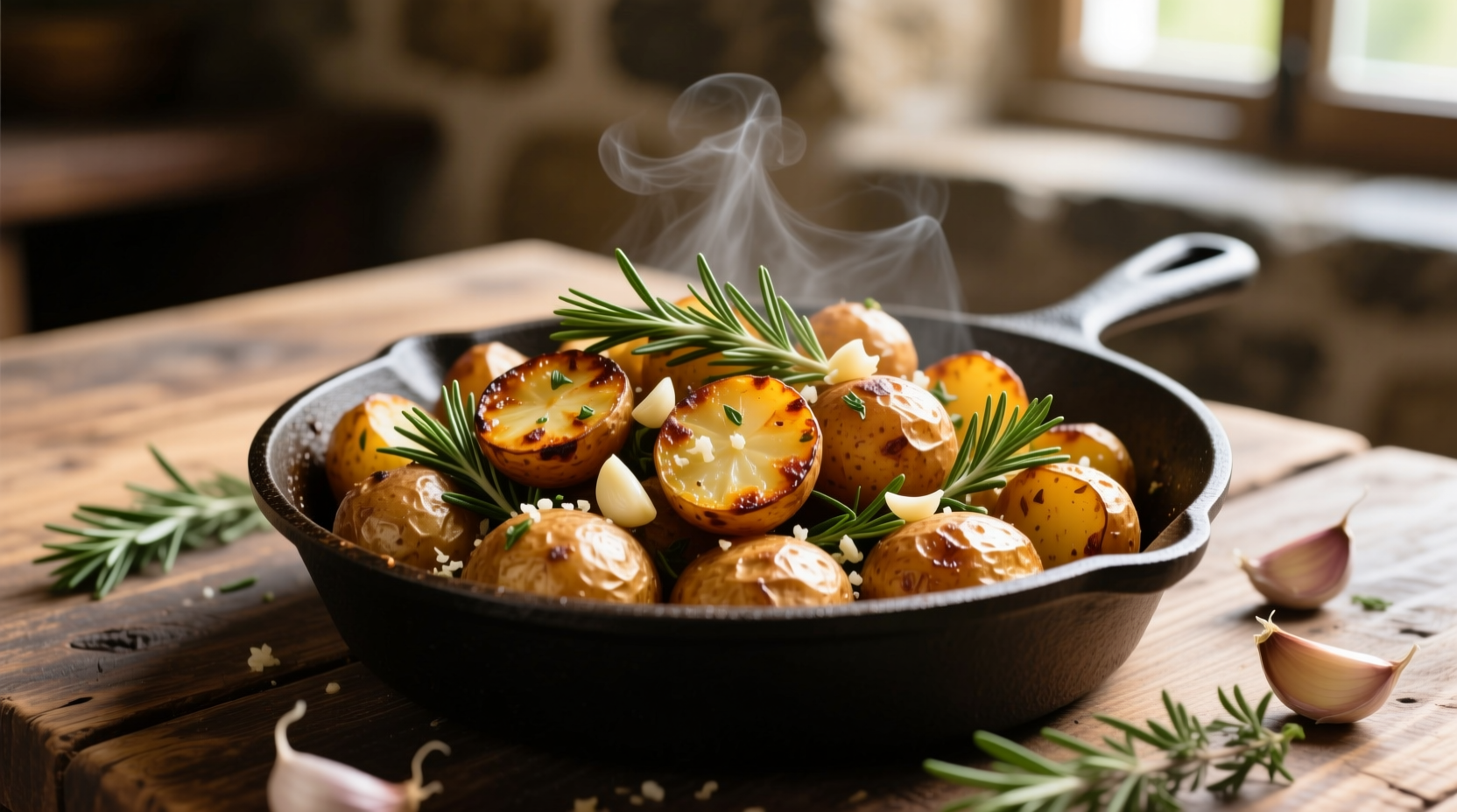 Roasted potatoes with herbs and garlic cloves