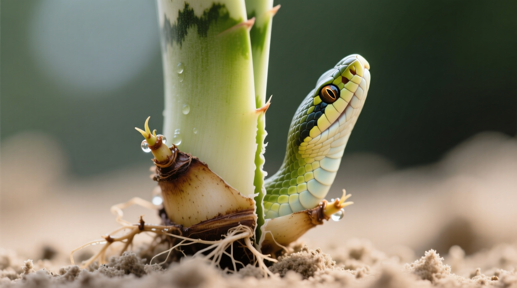 Close-up photo showing a clean vertical cut between a mature snake plant pup and its parent rhizome, with distinct separation lines and intact root nubs visible on both sides