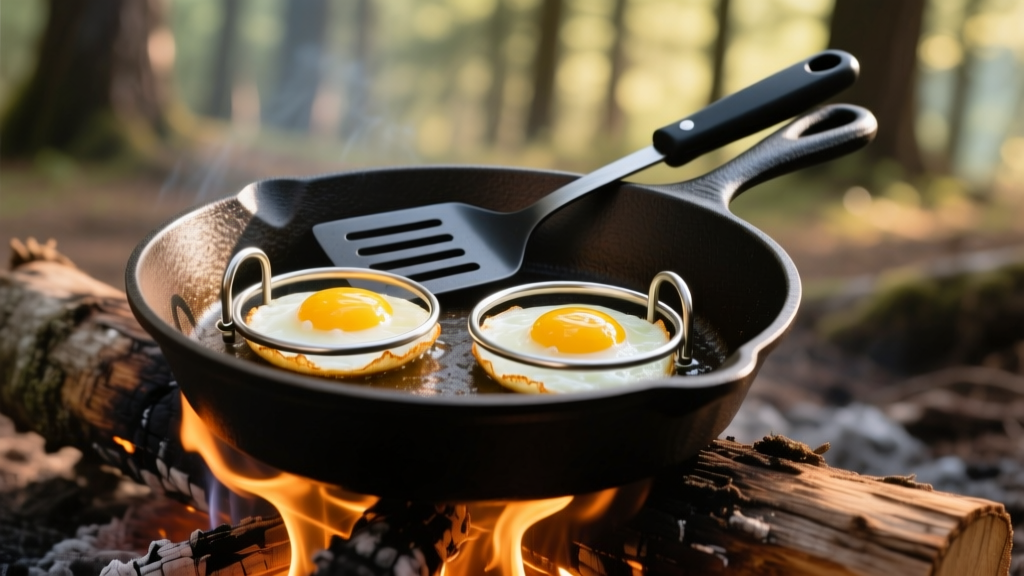 Cast iron campfire skillet cooking two perfect round eggs inside stainless steel egg rings with a spatula resting on a rustic log