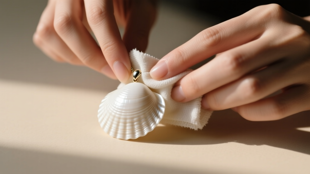 Hands wiping a white cowrie shell pendant with a dry microfiber cloth, showing natural ridges and a glossy finish in warm light.