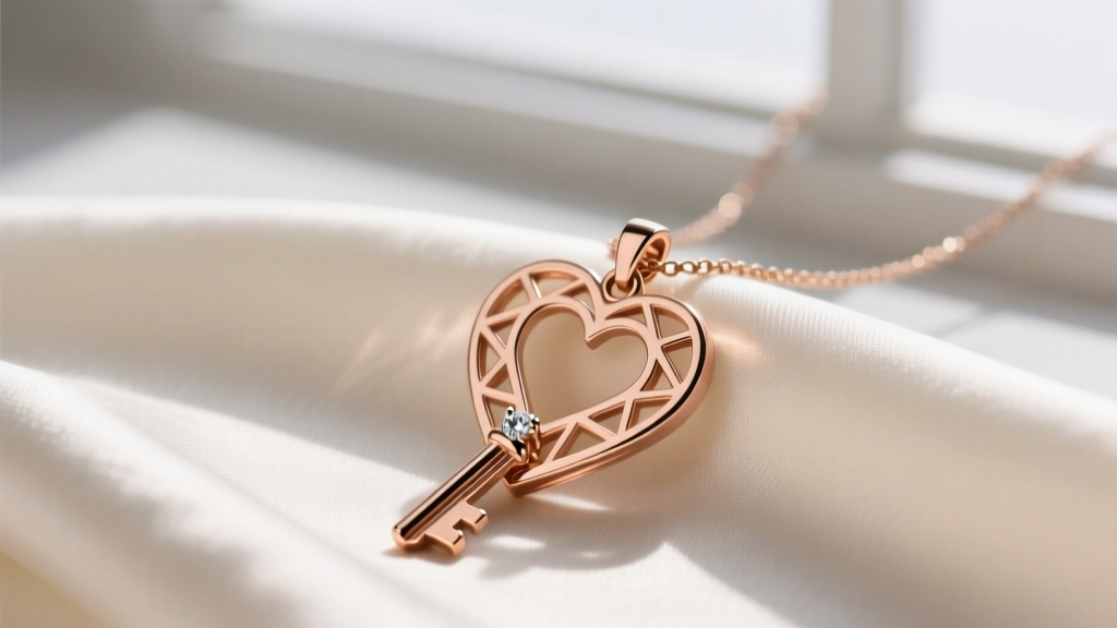 Macro shot of a 14k rose gold heart with a key necklace on silk, highlighting the keyhole cutout and a small diamond accent