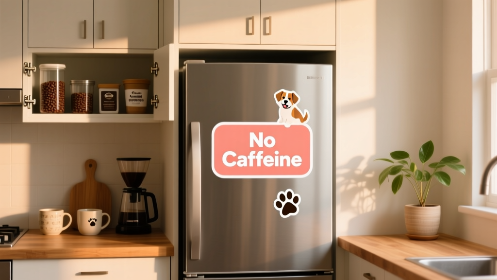 A dog-proof kitchen with coffee supplies stored safely in high, latched cabinets and a 'No Caffeine' reminder sticker on the fridge