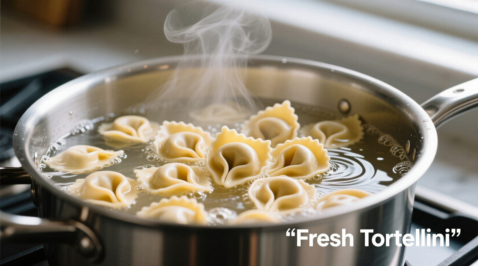 Fresh tortellini floating in boiling water